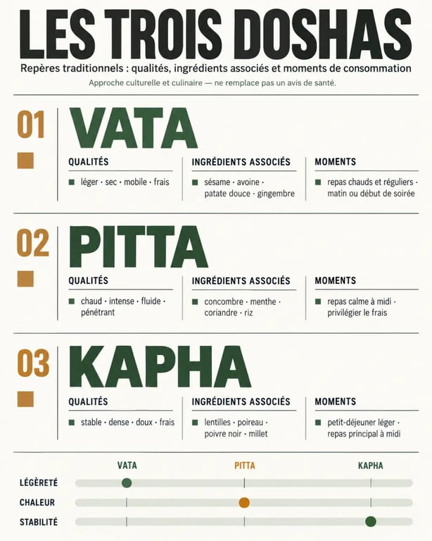Infusion ayurveda : infographie des doshas Vata Pitta et Kapha et des plantes associées