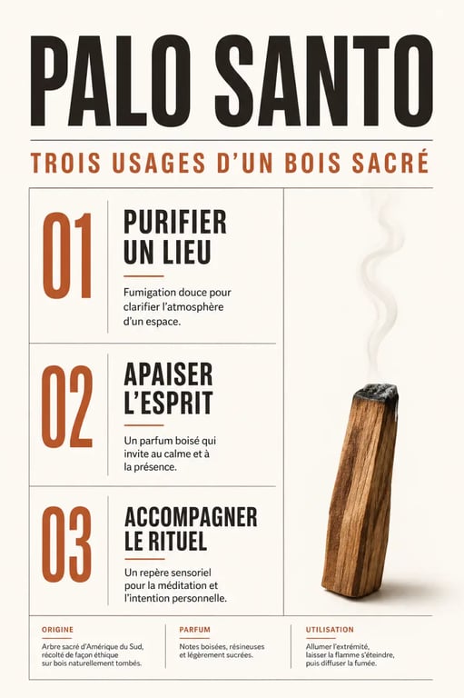 Palo santo bienfaits : infographie éditoriale sur la purification, l’apaisement et la méditation