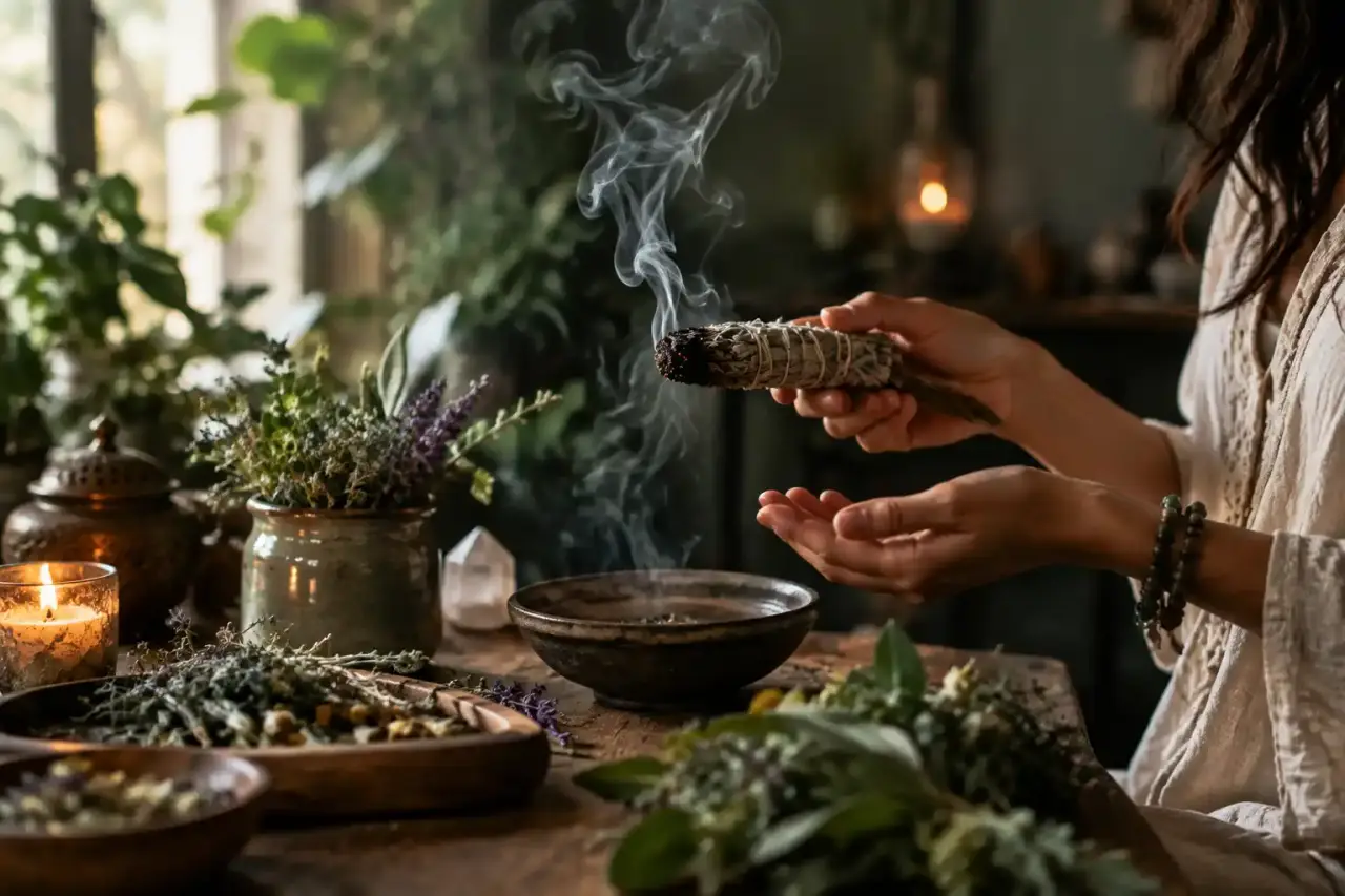Herbes séchées, mortier en pierre et fumée douce de sauge dans une lumière chaude