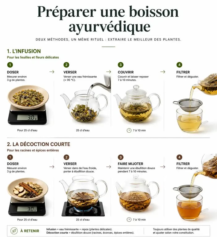 Infusion ayurveda : étapes de préparation, dosage, température et durée