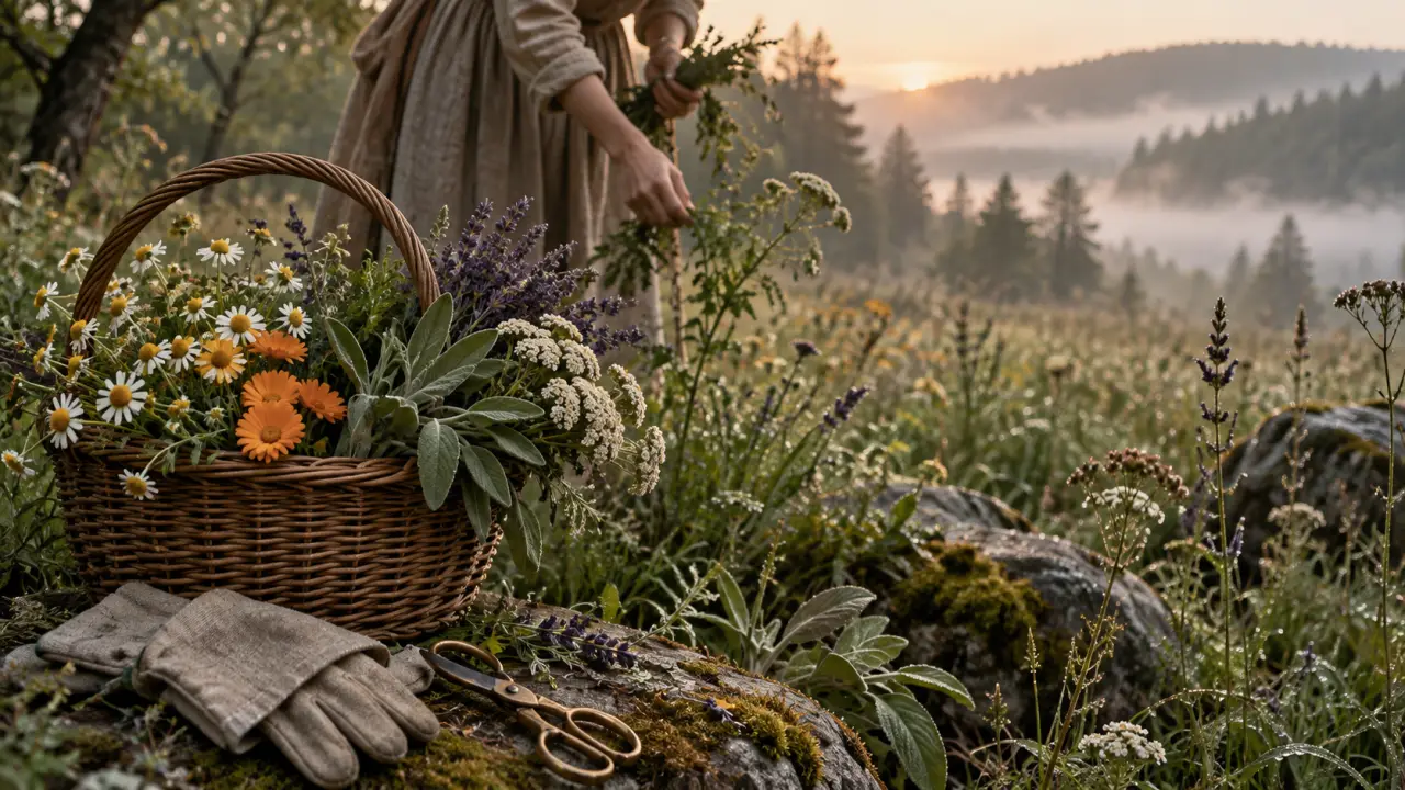 Herbes médicinales séchées, mortier en pierre et panier de cueillette dans une lumière chaleureuse