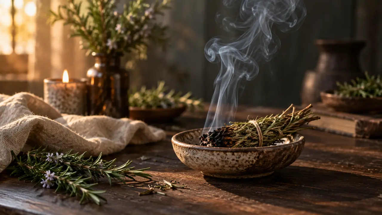 Branche de romarin séché et fumée douce dans une ambiance chaleureuse