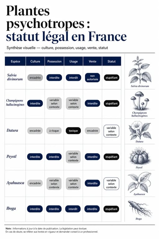Infographie sur les plantes psychotropes légales en France et leurs statuts selon la culture, la possession, l’usage et la vente