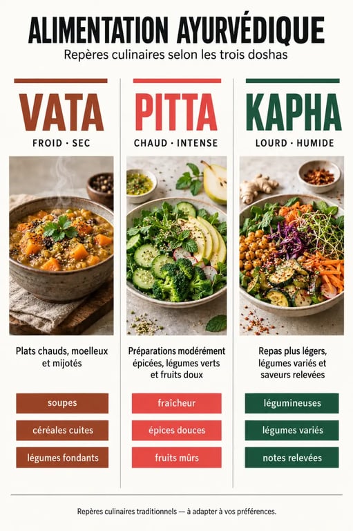 Infographie sur l’alimentation ayurvédique selon les doshas Vata, Pitta et Kapha