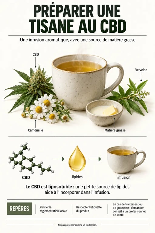 CBD tisane : préparation avec plantes et petite source de matière grasse