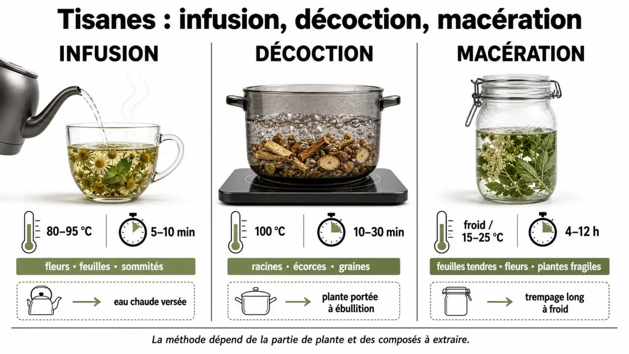 Différence entre infusion décoction et macération pour les tisanes : comparaison visuelle des méthodes, des températures, des durées et des parties de plantes