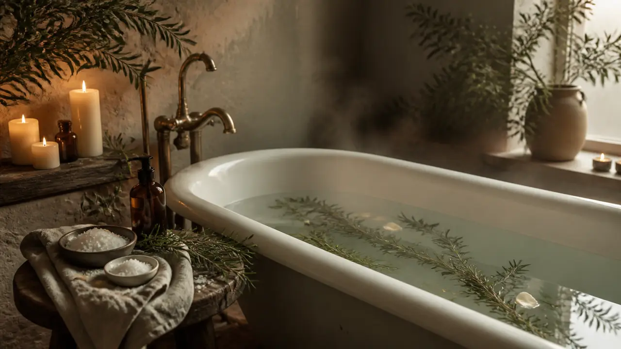 Bain botanique au romarin dans une ambiance apaisante