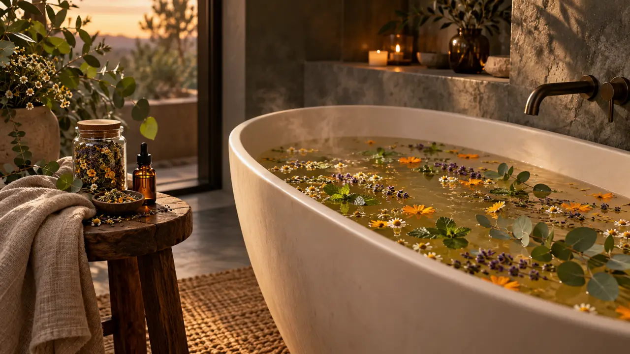 Bain botanique aux plantes apaisantes dans une salle de bain chaleureuse