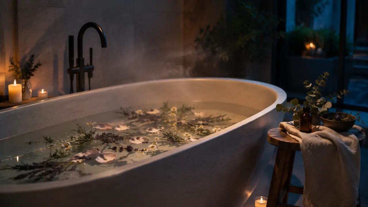 Bain botanique du soir avec fleurs séchées, serviette en lin et lumière douce