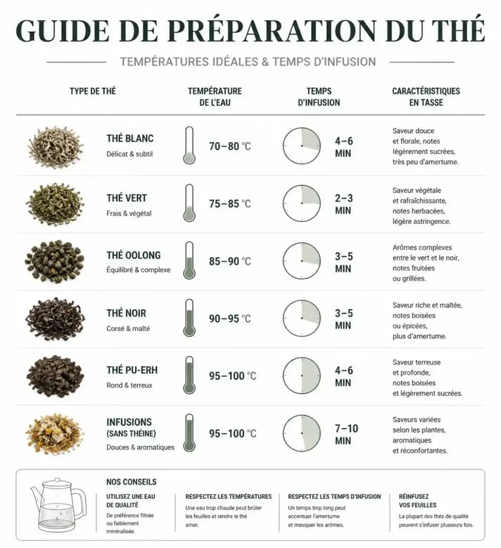 Tableau récapitulatif des températures et temps d'infusion pour le thé minceur