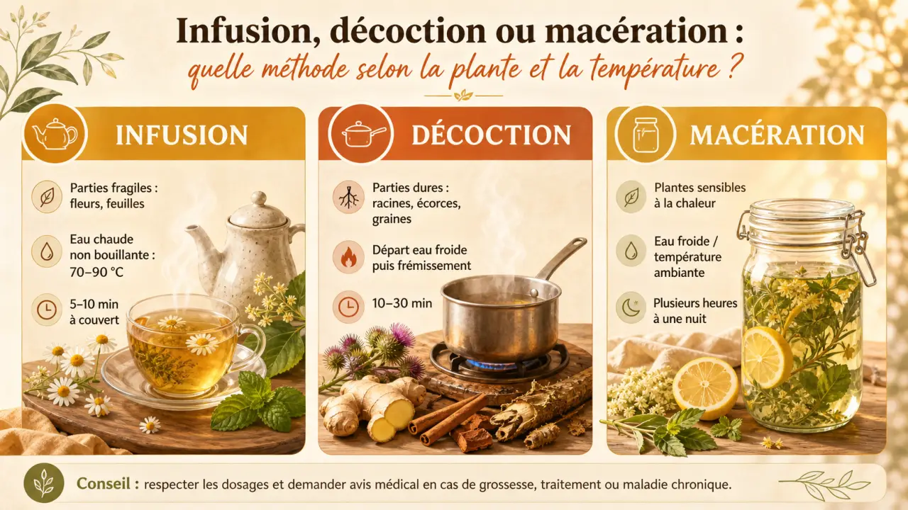 Infusion, décoction ou macération : quelle méthode selon la plante et la température ?