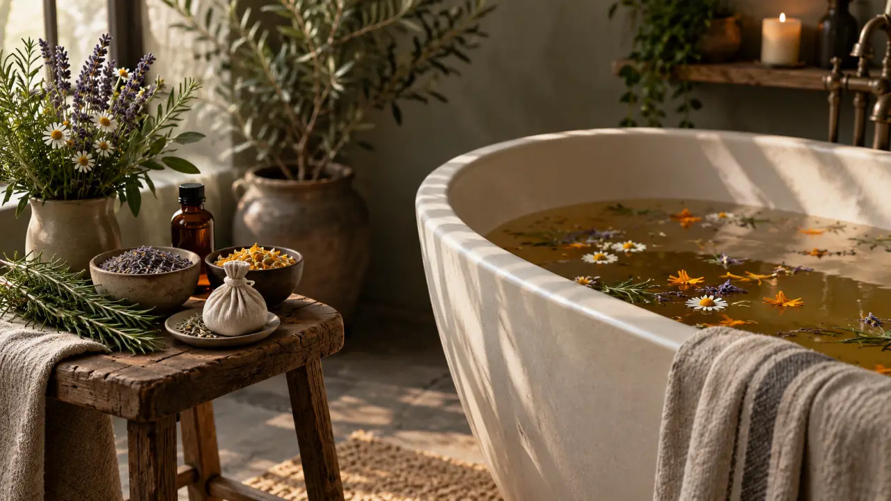 Bain botanique composé de plantes séchées dans une ambiance chaleureuse d'apothicairerie