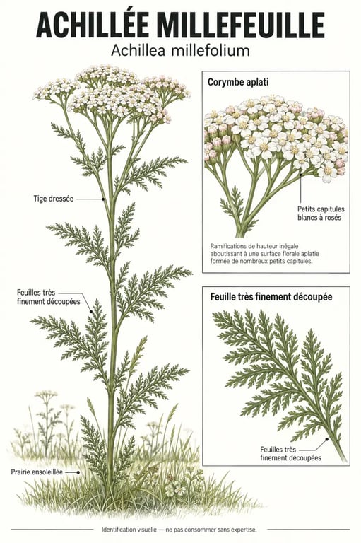 Illustration botanique de la plante millefeuille montrant ses feuilles plumeuses et ses fleurs en corymbe