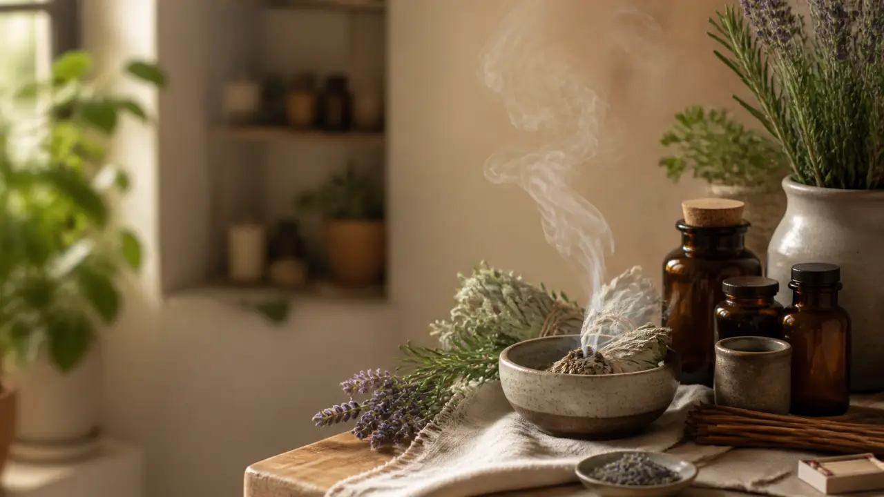 Fumigation maison avec herbes séchées et fumée douce dans une ambiance apothicairerie