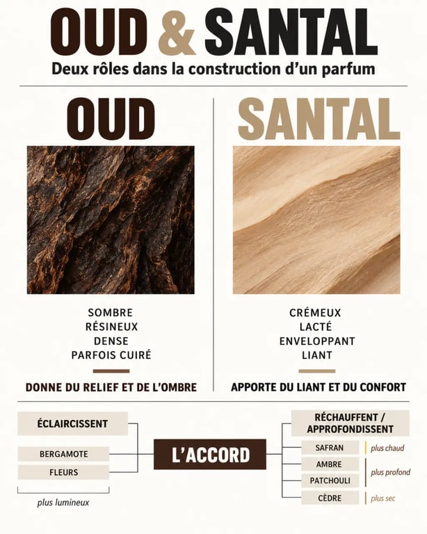 Infographie sur l’accord oud et santal et les rôles des deux bois en parfumerie