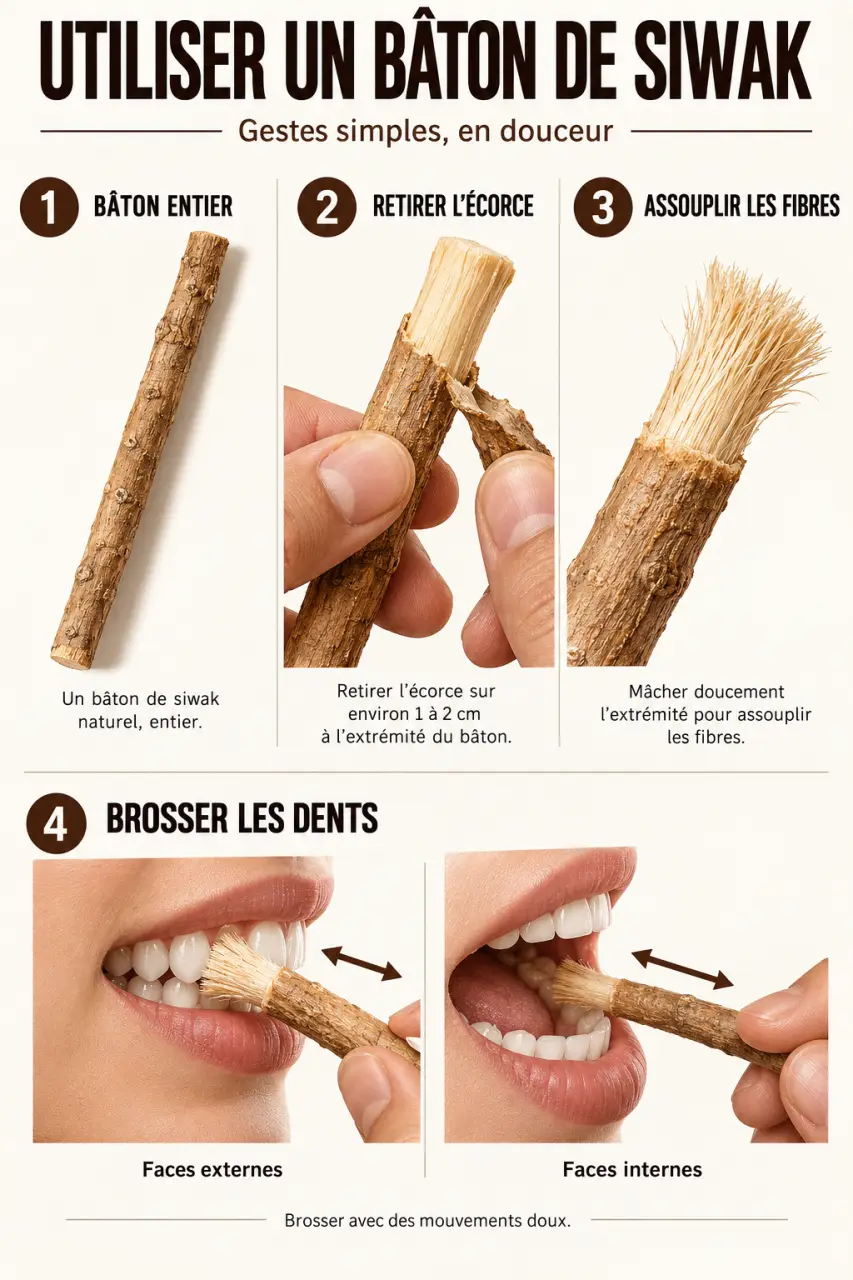 Bâton de siwak préparé et utilisé pour brosser les dents