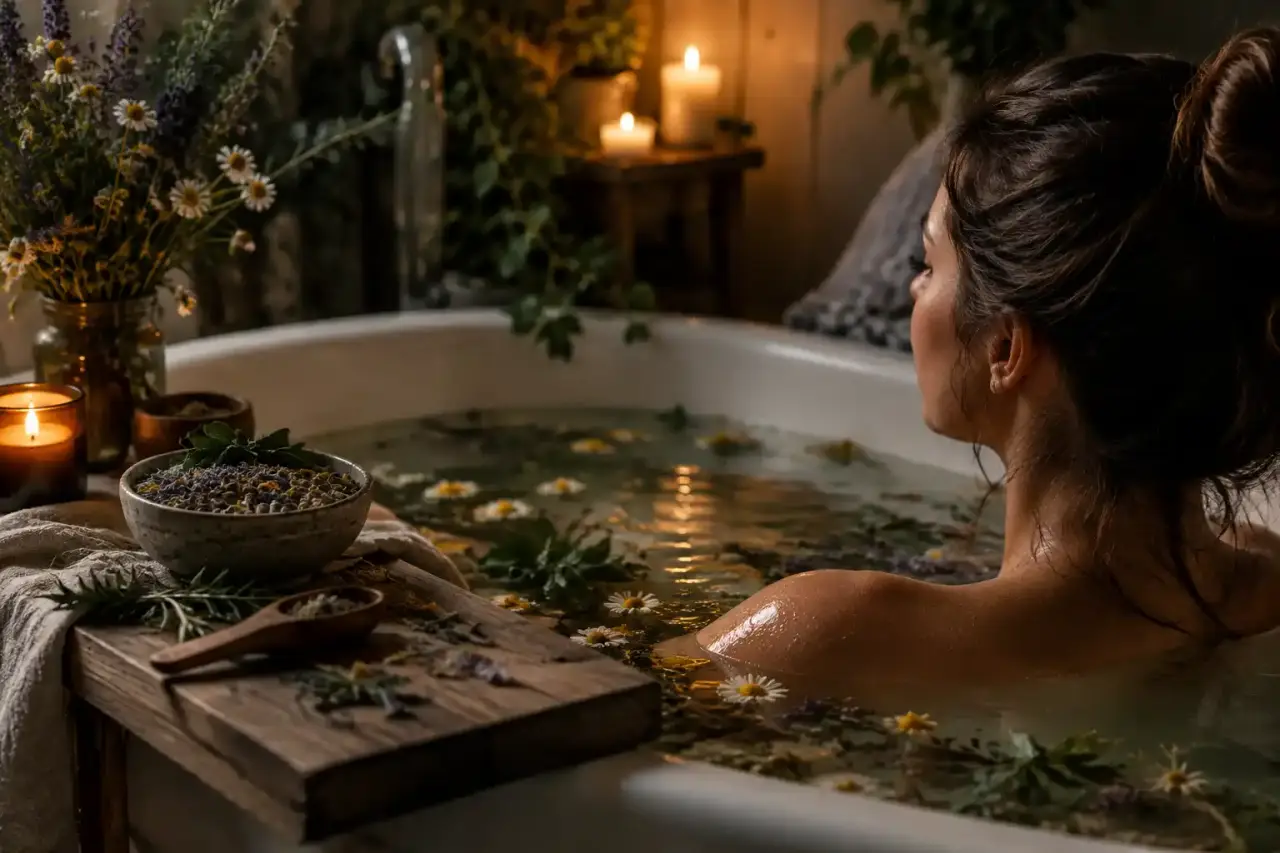 Bain botanique du soir avec herbes séchées, fleurs et lumière douce