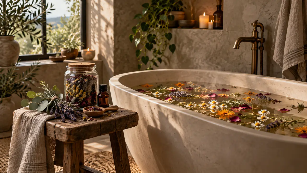 Bain botanique apaisant préparé avec des plantes séchées et une lumière douce
