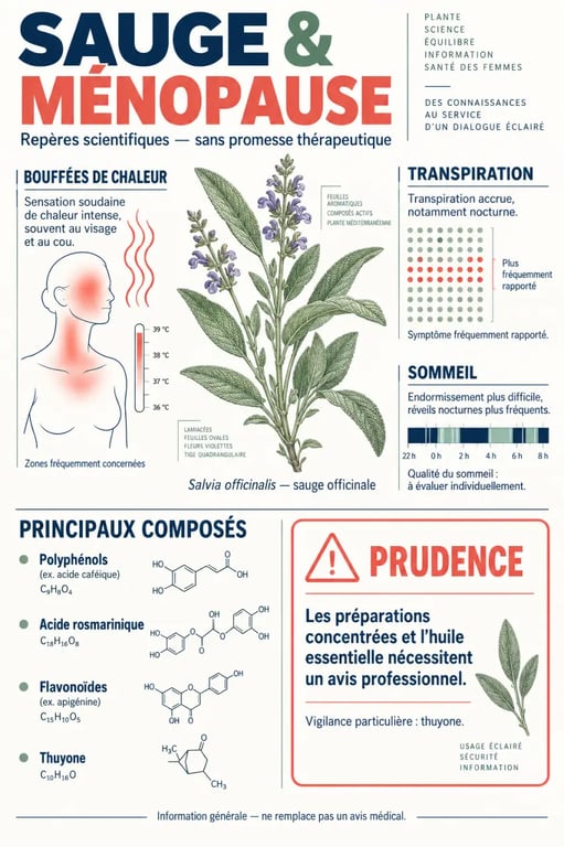 Infographie sur la sauge ménopause, les bouffées de chaleur et les précautions d’utilisation