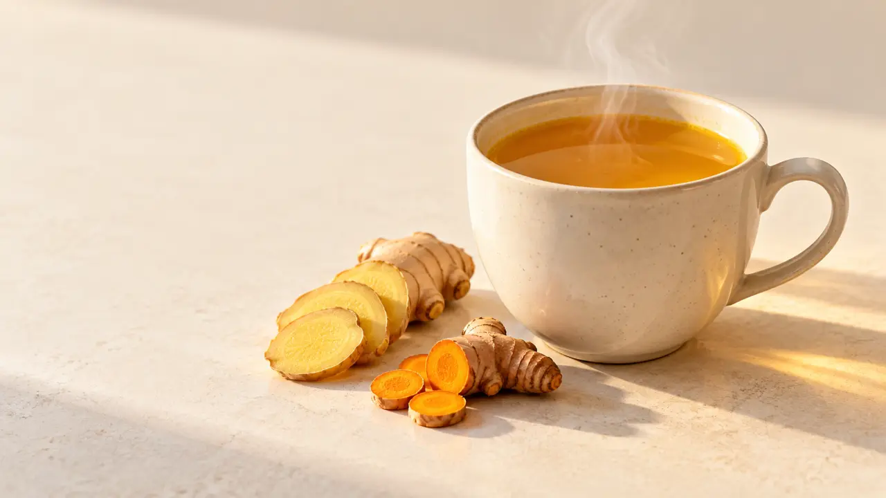 Tisane curcuma gingembre le soir dans une tasse dorée avec gingembre frais