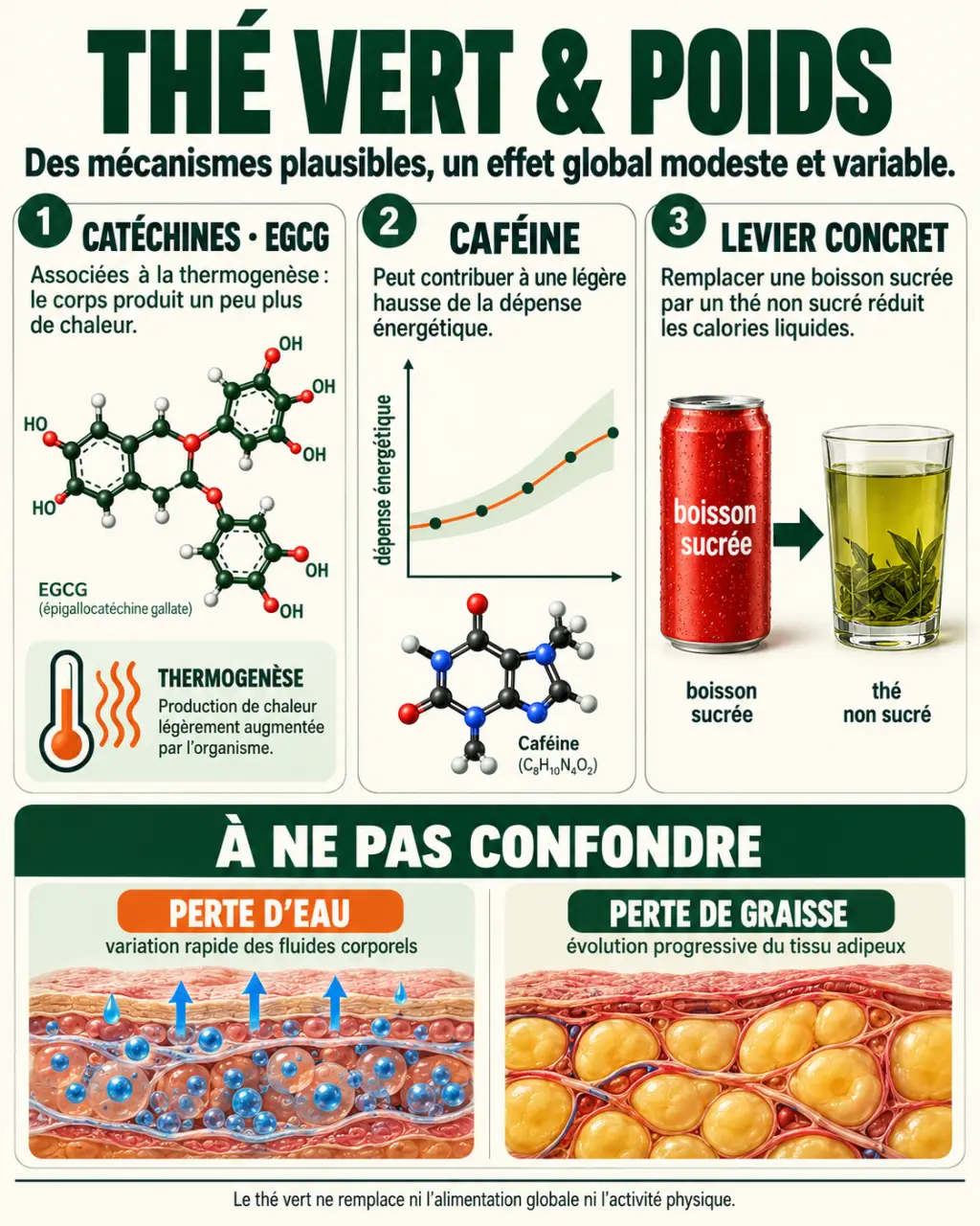 Infographie sur le thé vert et la perte de poids, distinguant eau, graisse, catéchines et caféine
