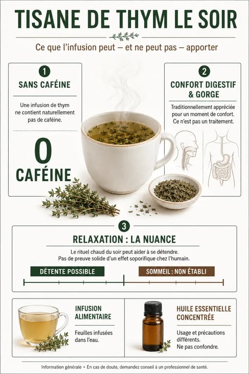 Infographie sur la tisane de thym le soir, sans caféine et avec des effets nuancés sur le sommeil