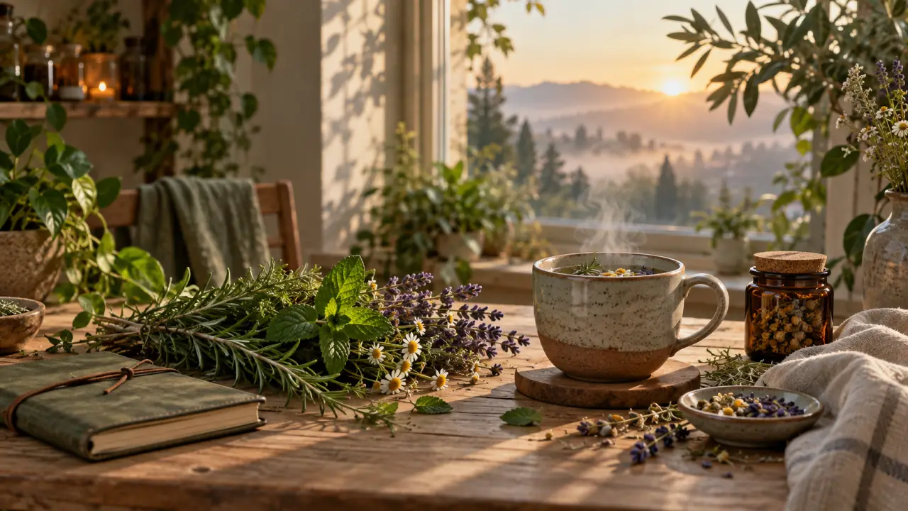 Herbes séchées, mortier en pierre et infusion dans la lumière douce du matin