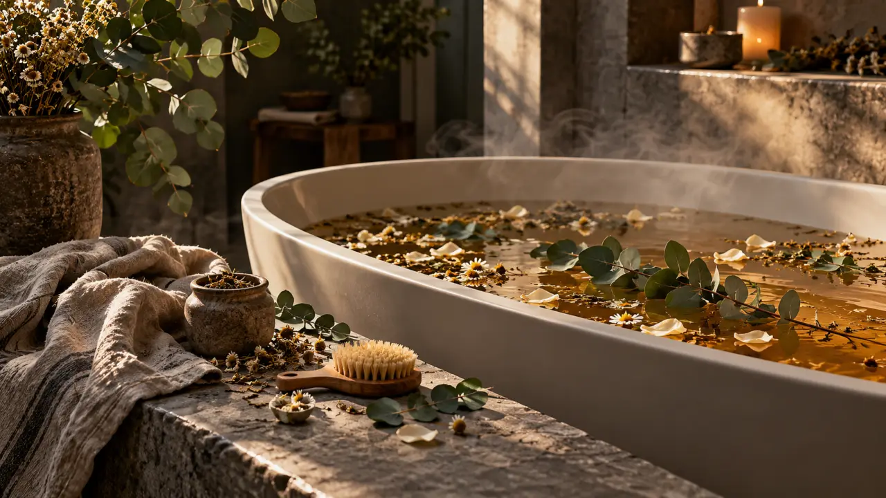 Bain botanique aux plantes séchées dans une salle de bain chaleureuse