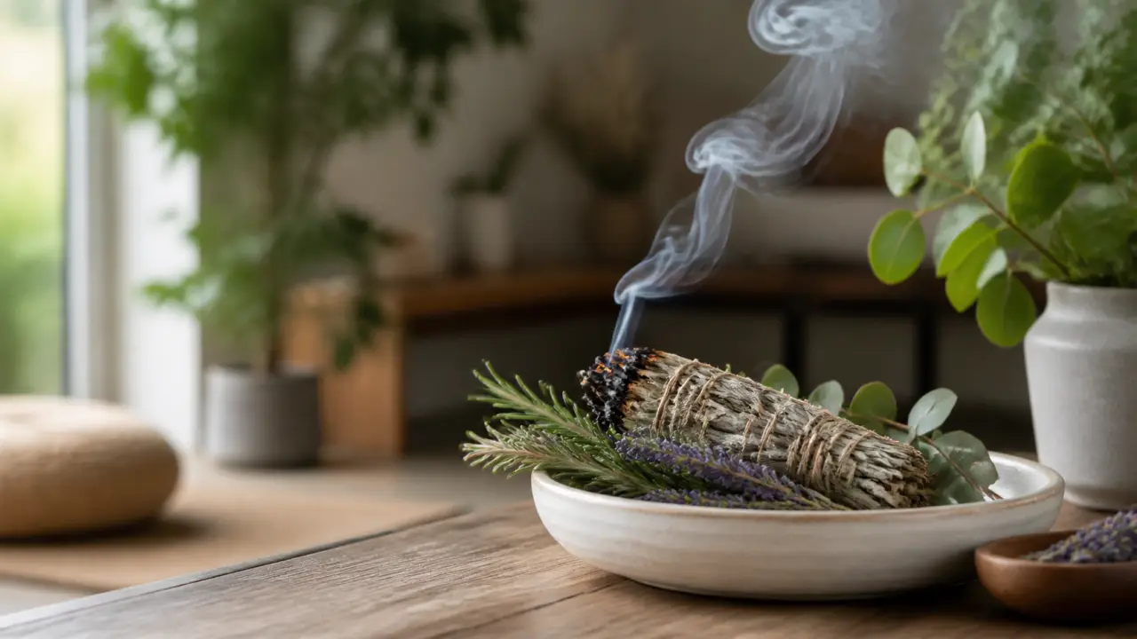 Herbes séchées, mortier en pierre et fumée douce de sauge dans une lumière chaude