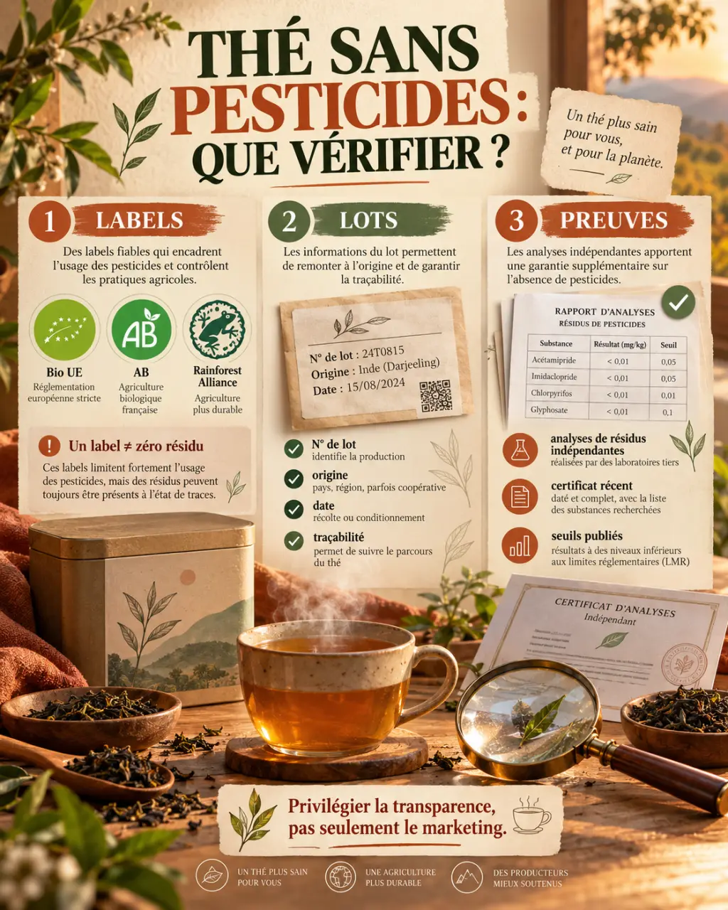 Quelle marque de thé sans pesticides choisir ? Labels, lots et preuves à vérifier