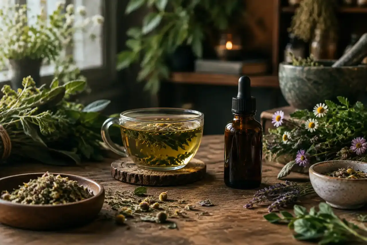 Herbes séchées, mortier en pierre et préparation botanique dans une lumière chaleureuse