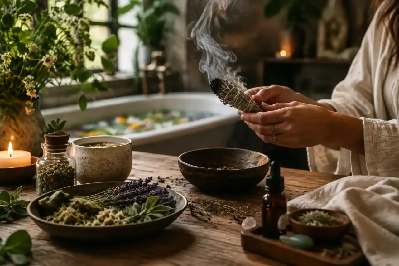 Rituels d'herboristerie et d'apothicairerie moderne avec plantes séchées