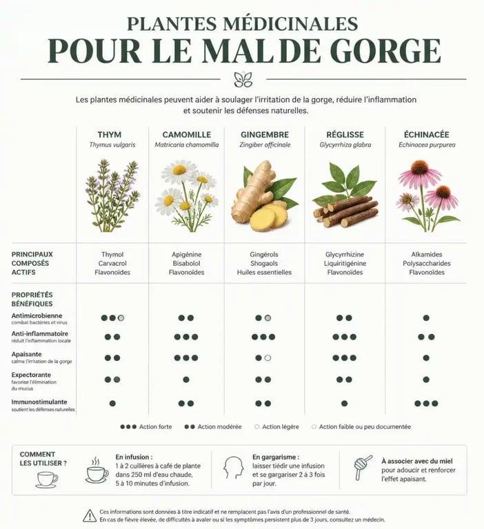 Infographie des bienfaits des plantes pour soulager le mal de gorge et tisane apaisante