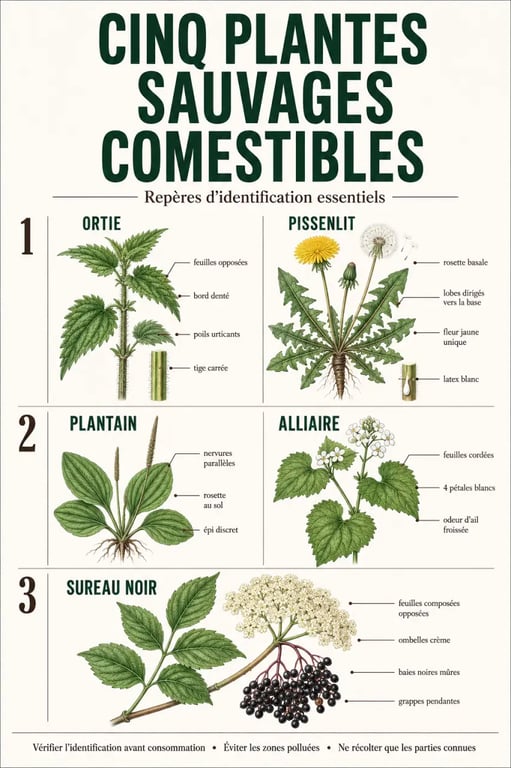 Plantes sauvages : repères visuels pour identifier ortie, pissenlit, plantain, alliaire et sureau noir