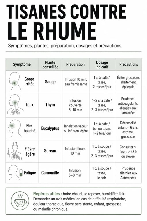 Tisane rhume en visuel comparatif des symptômes, plantes, préparation et précautions
