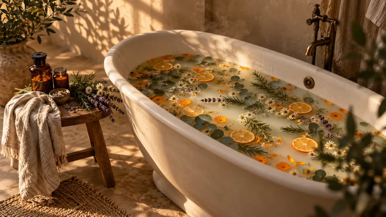 Herbes séchées, mortier en pierre et plantes destinées à un bain botanique