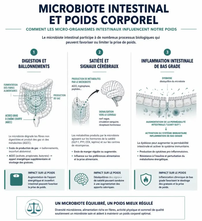 Infographie sur le lien entre probiotique et perte de poids et les mécanismes du microbiote