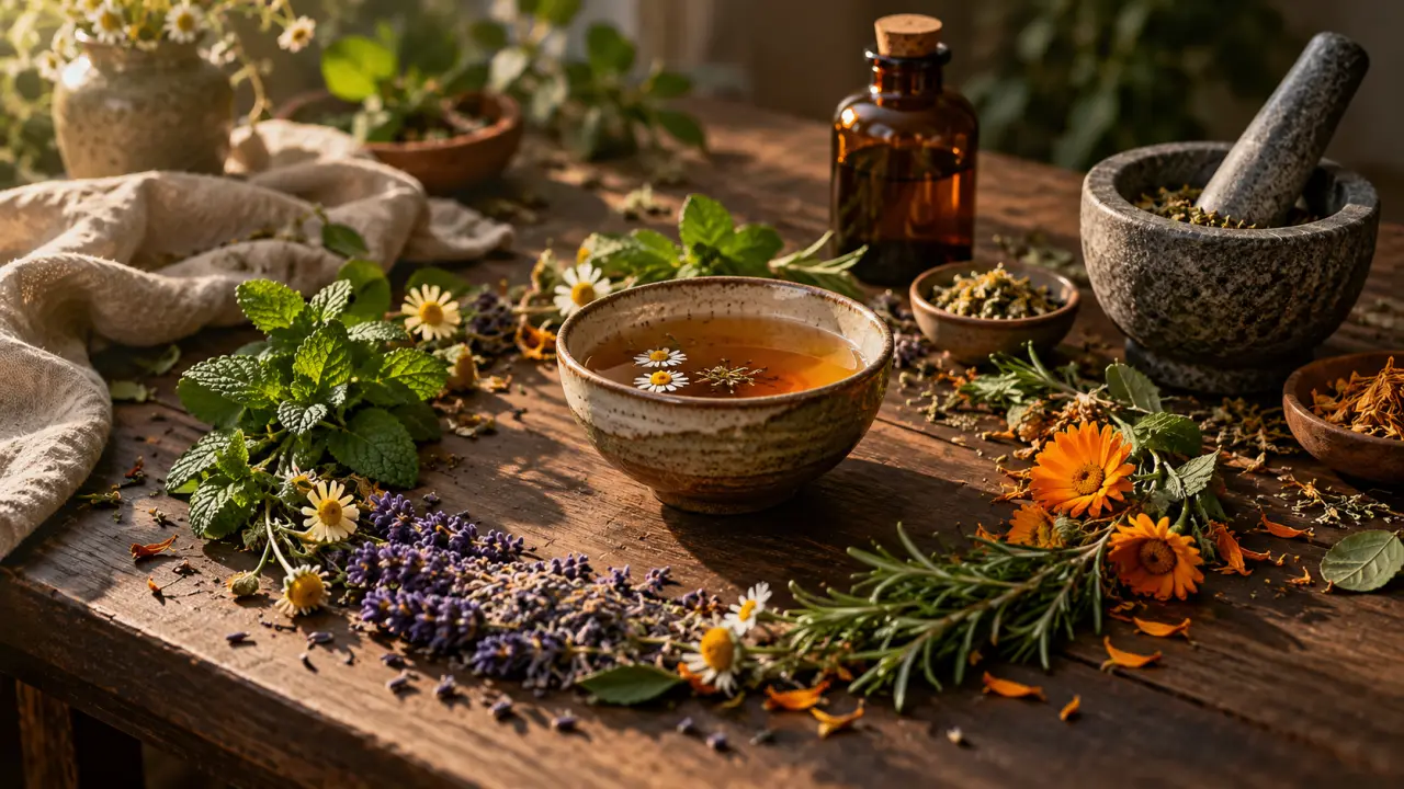 Herbes séchées, mortier en pierre et fumée douce dans une apothicairerie chaleureuse