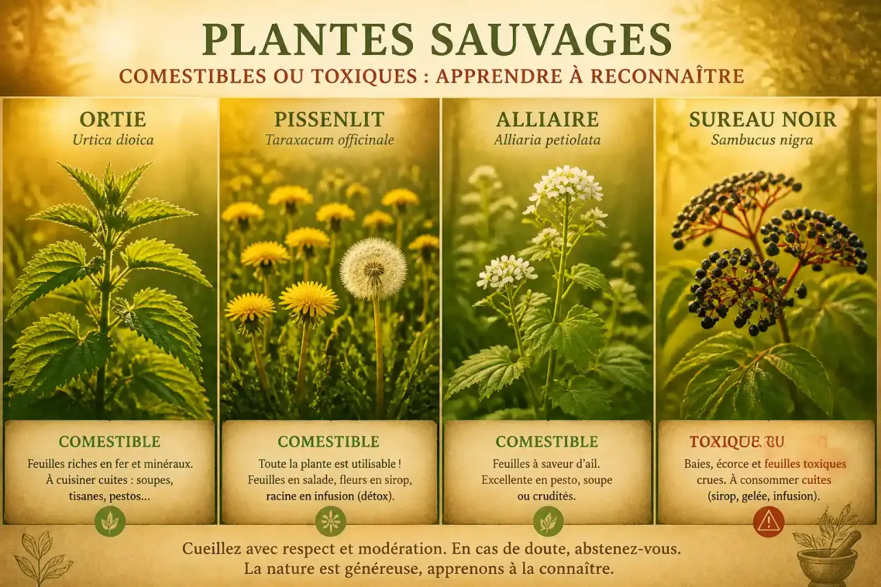 Plantes sauvages comestibles ou toxiques : reconnaître ortie, pissenlit, alliaire et sureau noir