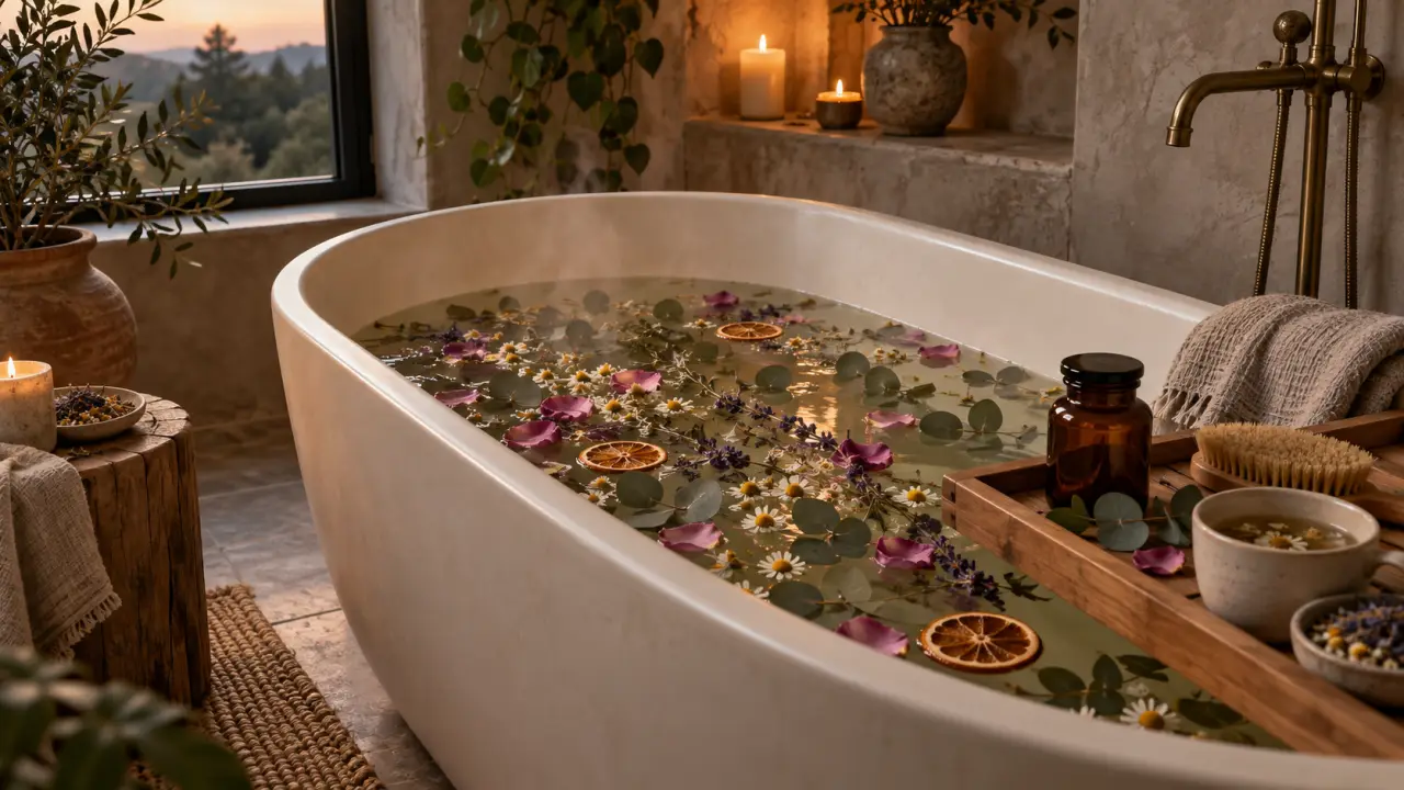 Bain botanique apaisant préparé avec des fleurs séchées et des plantes aromatiques