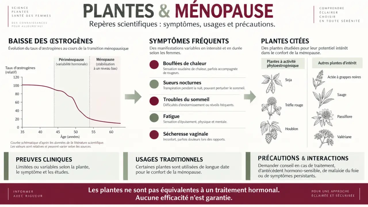 Infographie sur les plantes et la ménopause, les symptômes ciblés, le niveau de preuve et les précautions