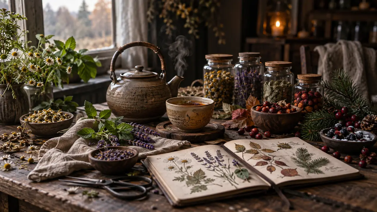 Herbes séchées, tasse de tisane et accessoires d'apothicairerie sur une table en bois