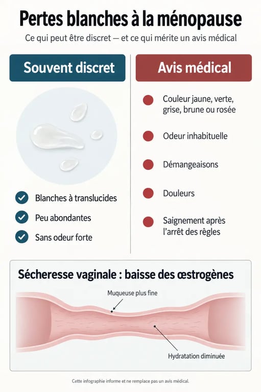 Infographie sur les pertes blanches à la ménopause et les signes qui nécessitent un avis médical