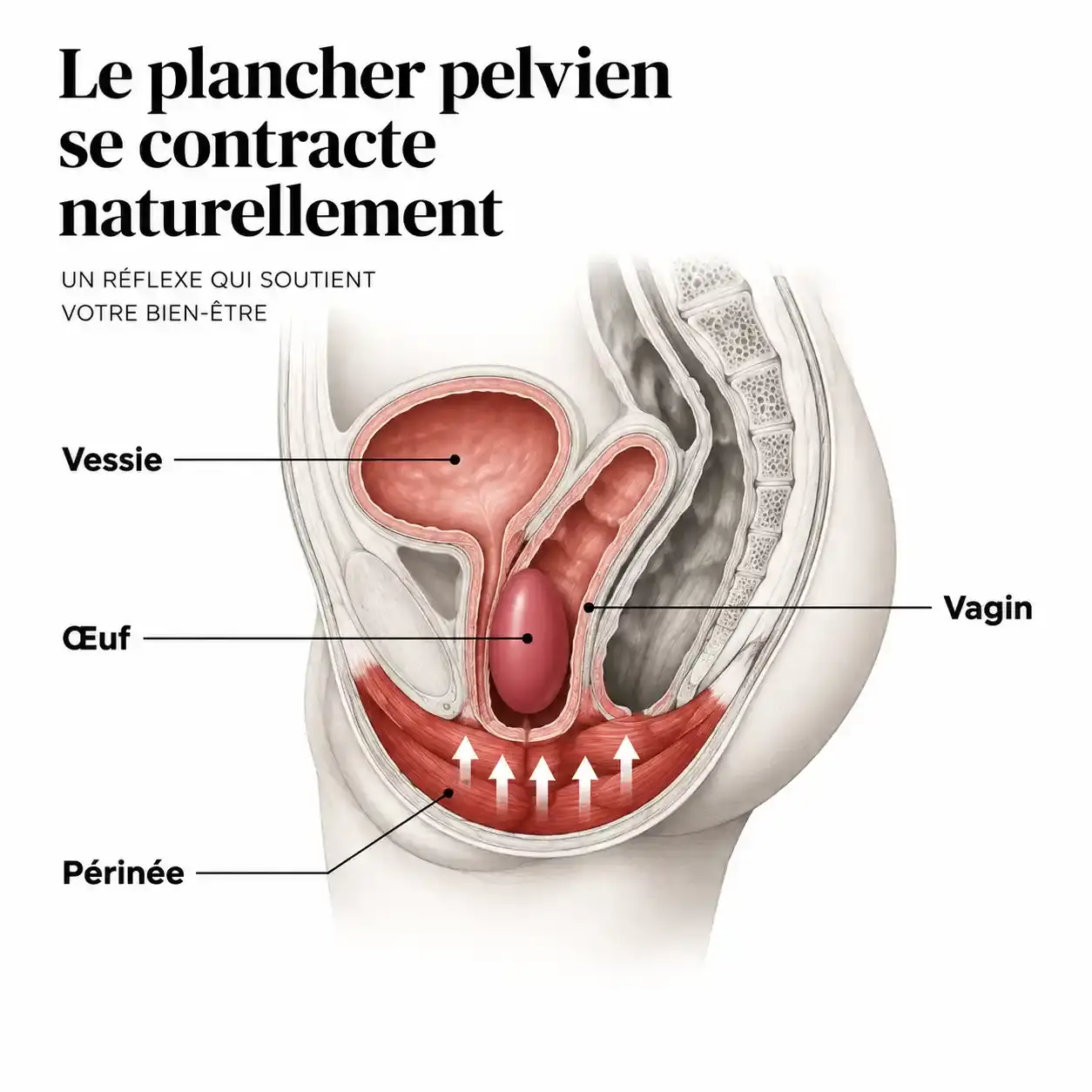 Schéma du plancher pelvien montrant le fonctionnement d'un œuf de yoni et la contraction du périnée