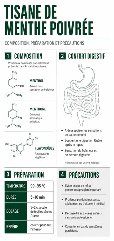 Infographie menthe poivree tisane : bienfaits digestifs, dosage et précautions