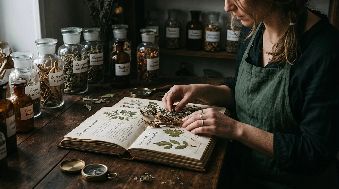 Herboriste préparant des plantes séchées dans un atelier lumineux
