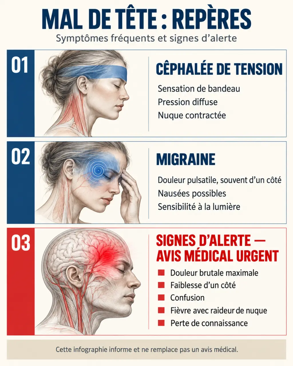 Remède mal de tête grand-mère : infographie pour distinguer céphalée de tension, migraine et signes d’alerte