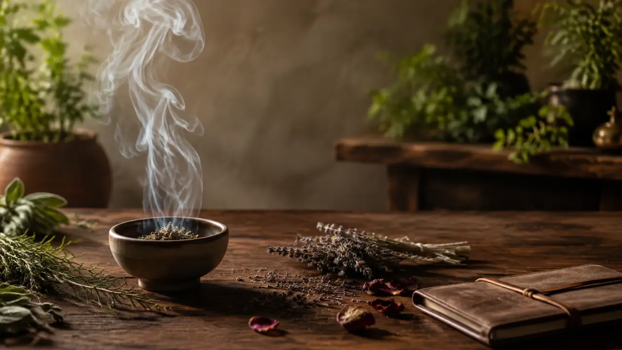 Herbes séchées, mortier en pierre et fumée douce de sauge dans une ambiance d'apothicairerie