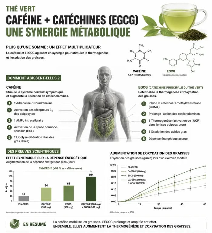 Infographie sur les bienfaits du thé minceur et le mécanisme de thermogenèse