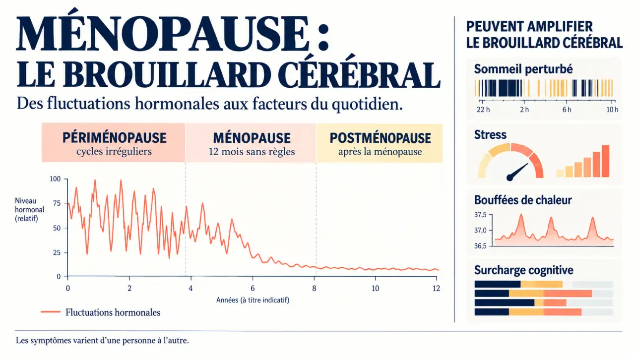 Brouillard cérébral à la ménopause : frise de la périménopause, ménopause et postménopause